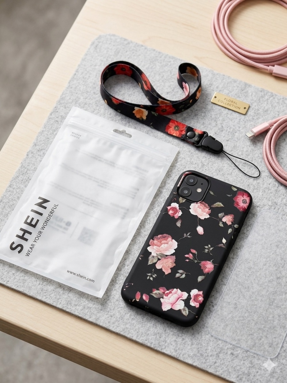 iPhone 11 SHEIN Black Floral Phone Case with Pink Rose Print and Matching Strap